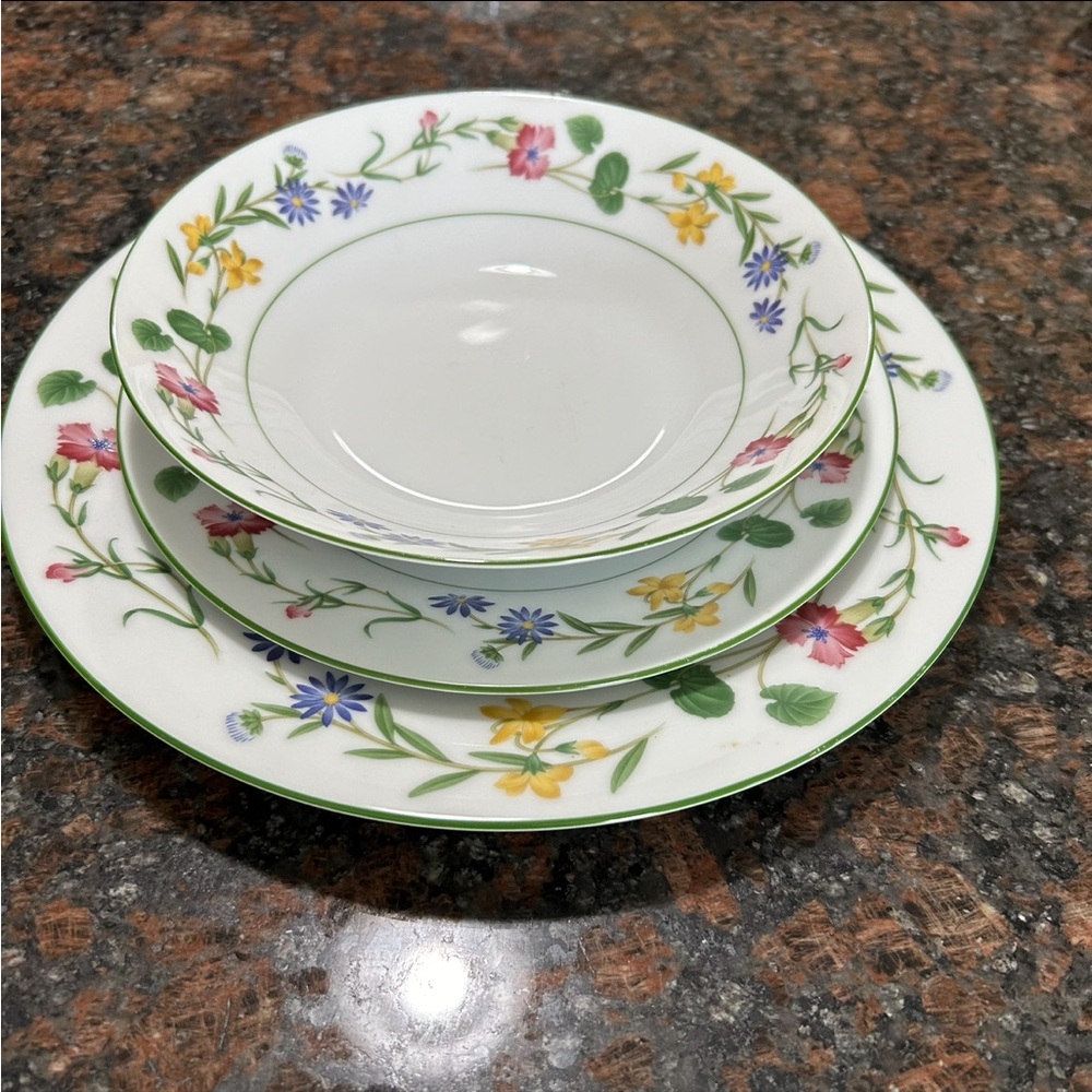 Set of 3 Legendary By Noritake #4034 Meadowcrest Dinner Plates and a Bowl